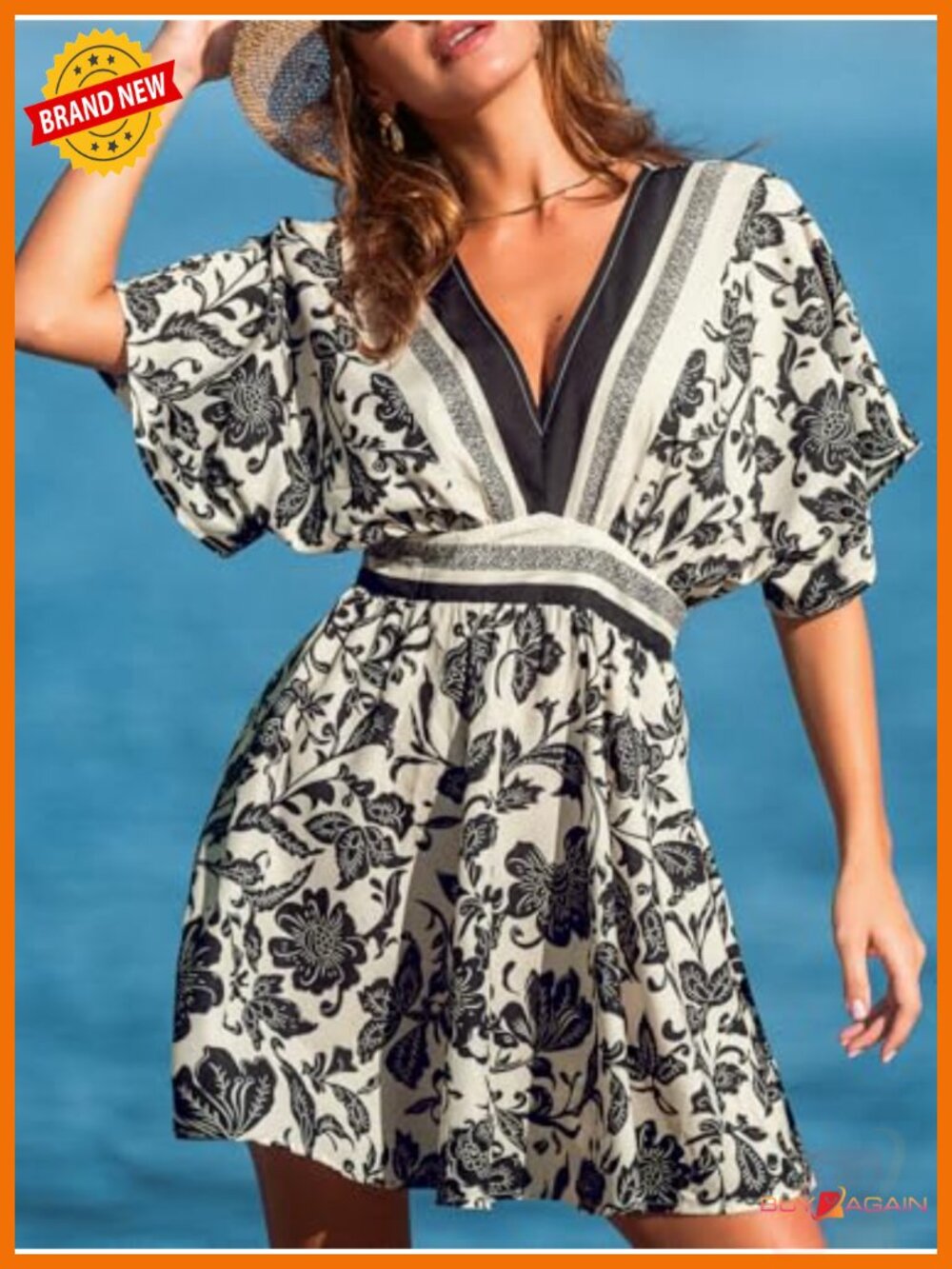 Plunging V Neck Floral Mini Dress Elastic Waist - Picture 5 of 5